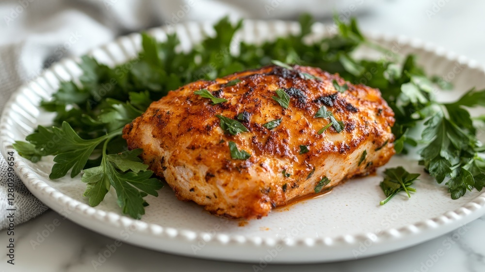 A beautifully plated piece of salmon garnished with fresh herbs. A beautifully plated piece of salmon garnished with fresh herbs.