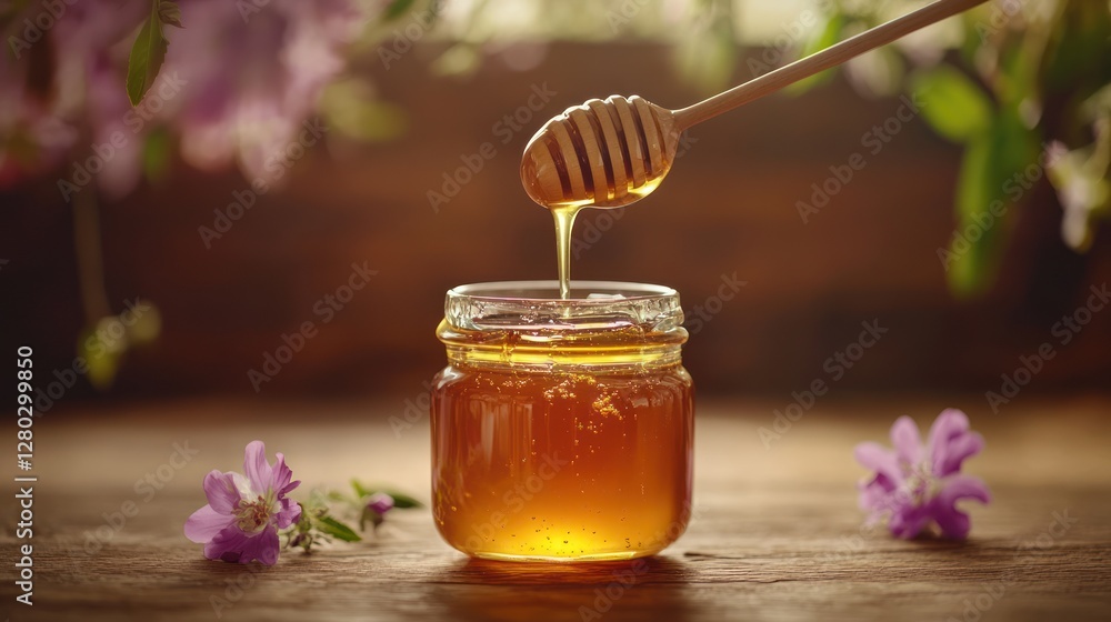 Honey pouring into jar, flowers background, rustic table, food photography Honey pouring into jar, flowers background, rustic table, food photography