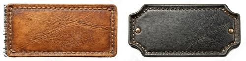 Two leather tags, one brown and one black. The brown tag is on the left and the black tag is on the right