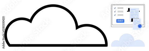 Cloud network symbol connected to an online payment screen with transaction details, receipt, and payment confirmation button. Ideal for finance, technology, cloud services, e-commerce, digital