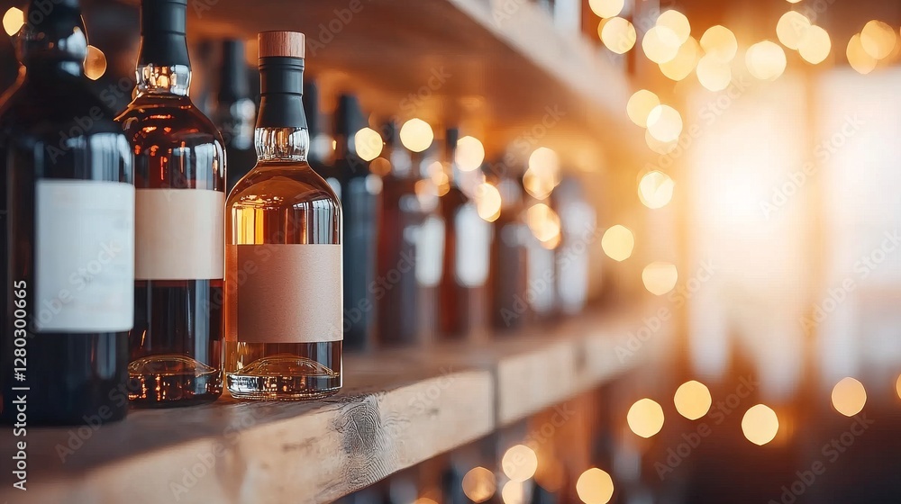 Showcasing fine spirits whiskey display modern bar photography warm ambiance close-up Showcasing fine spirits whiskey display modern bar photography warm ambiance close-up