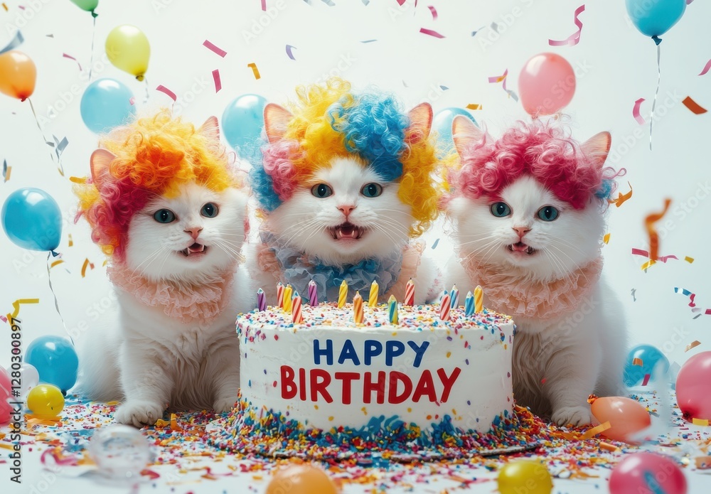 Adorable fluffy white kittens dressed for a birthday party with colorful wigs, surrounded by confetti, balloons, and a festive cake saying Adorable fluffy white kittens dressed for a birthday party with colorful wigs, surrounded by confetti, balloons, and a festive cake saying
