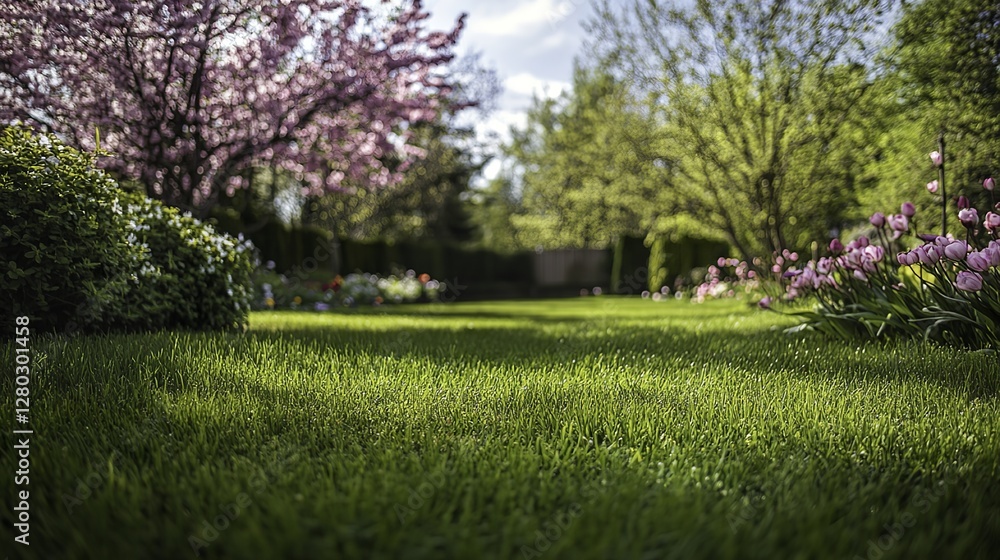 Naklejka premium Springtime view of a home exterior featuring lush green grass, blooming trees, and flowering bushes under natural ambient light with a clean and simple composition