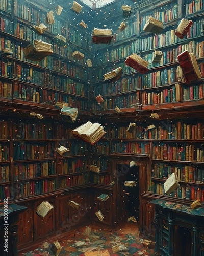 Floating books in an enchanting library dramatic interior fantasy atmosphere magical setting
