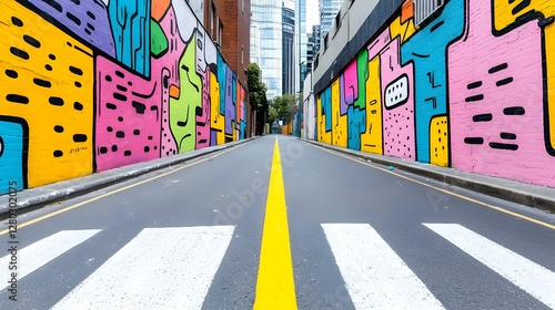 Colorful Street Art Murals on Alley Walls in Urban City Environment