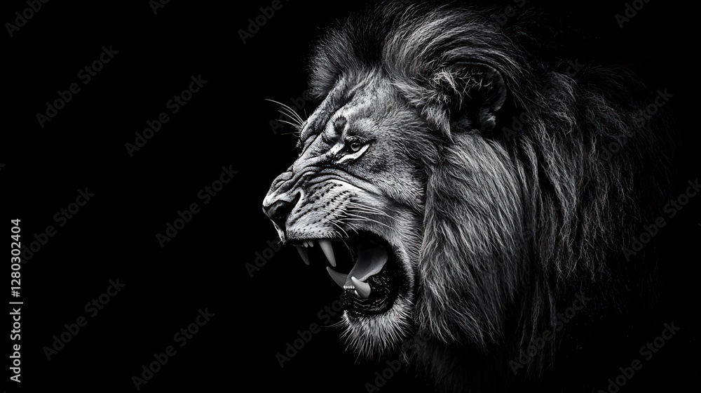 Naklejka premium Majestic male lion displays fierce expression with open mouth in dark setting