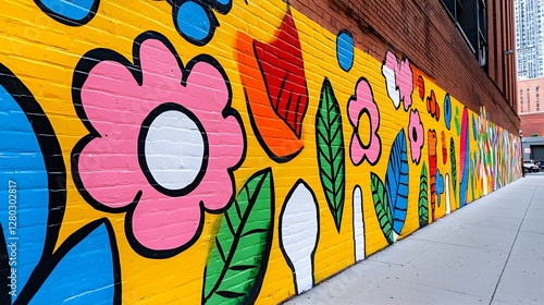 Vibrant Urban Mural with Colorful Floral and Leaf Patterns