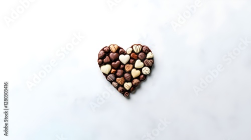 Heart shape with individual chocolates on a white background photo