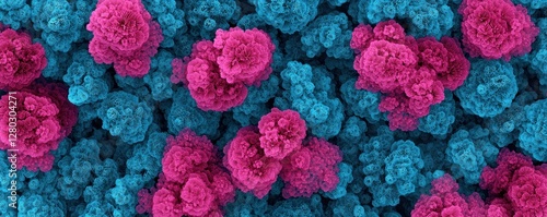 A vibrant, abstract pattern featuring clusters of pink and blue shapes resembling microscopic organisms or flowers.