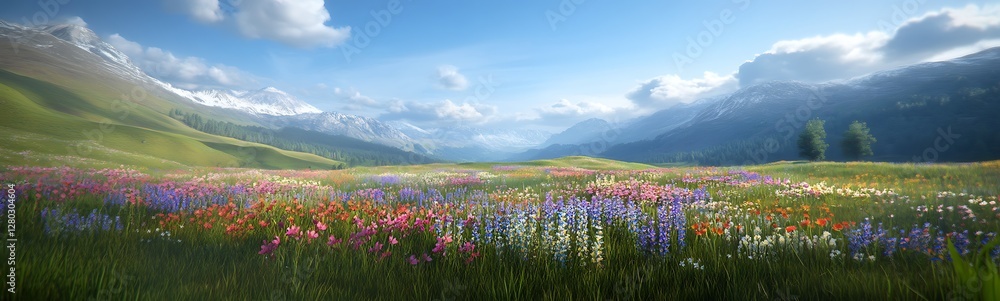 A vibrant landscape of rolling hills adorned with multicolored wildflowers in full bloom. A vibrant landscape of rolling hills adorned with multicolored wildflowers in full bloom.
