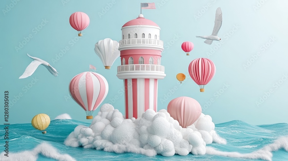 Obraz premium Whimsical Seascape with Lighthouse Air Balloons and Seagulls a Dreamy Voyage Illustration in Pastel Shades Surreal and Colorful World