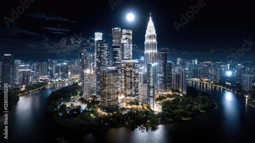 Aerial view of illuminated skyscrapers at night on an island city, suitable for city lifestyle or travel promotion
