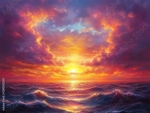 Vibrant Ocean Sunset Landscape Painting with Dramatic Clouds