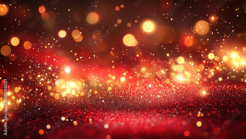 Beautiful Sparkling Background of Glowing Lights and Glittering Particles in Shades of Red and Gold for Various Creative Projects and Celebrations
