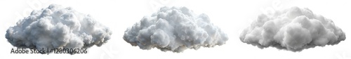 Three clouds of different sizes and shapes are shown in a white background. The clouds are fluffy and white, and they appear to be floating in the sky. Concept of calm and peacefulness
