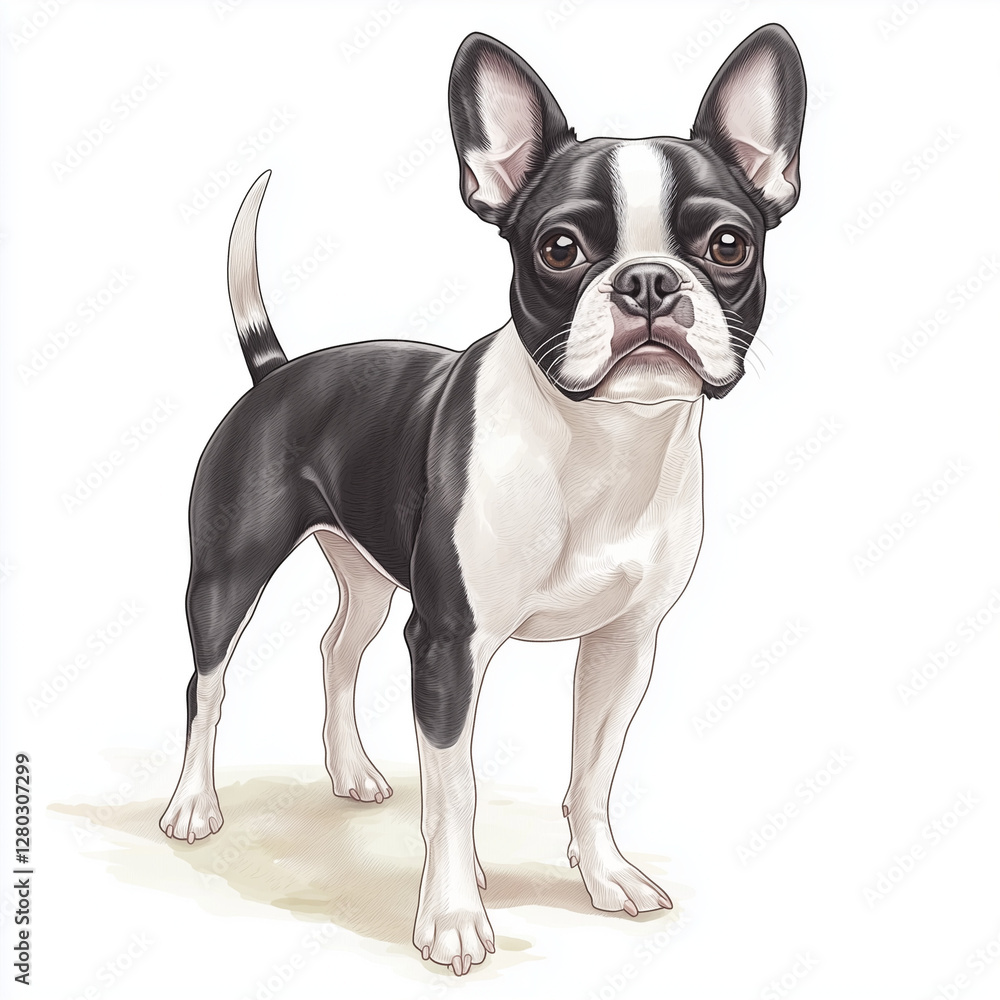 Illustration of the Boston Terrier dog, soft watercolor tones, white background, detailed illustration, cartoonish.