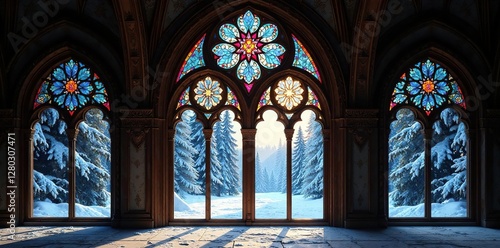 Intricately designed stained glass window with stained glass mosaic, crystal clear, winter wonderland