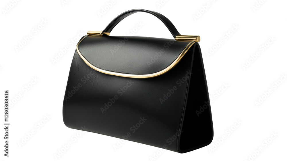 A sleek black leather handbag with gold accents, placed on a white background. The bag has a modern, minimalist design with a structured shape. A sleek black leather handbag with gold accents, placed on a white background. The bag has a modern, minimalist design with a structured shape.