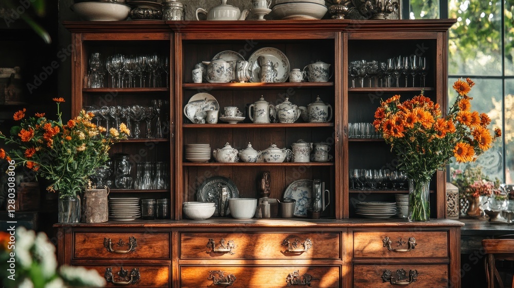 Antique china cabinet, flowers, sunlit room, display Antique china cabinet, flowers, sunlit room, display