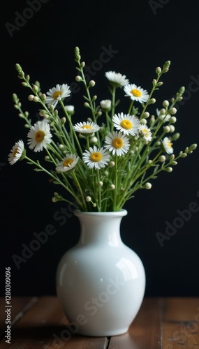 Wallpaper Mural Delicate white wildflowers, simple elegance in a rustic white vase against a moody black backdrop , floral arrangement, photography, closeup Torontodigital.ca