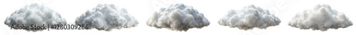Five different types of clouds, each with varying sizes and shapes. The clouds are all white and appear to be fluffy and billowy, creating a sense of lightness and airiness