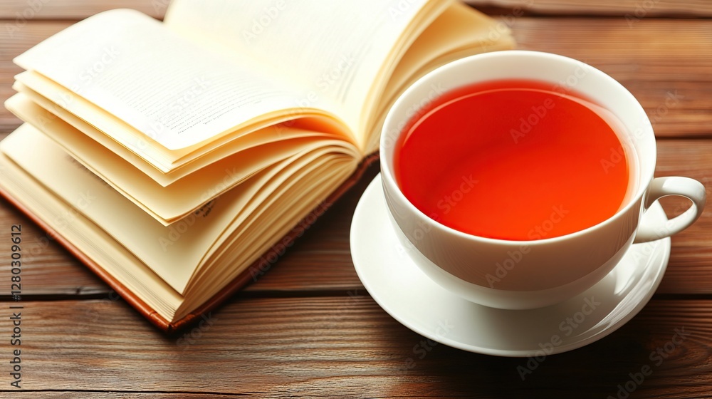 Fototapeta premium Tea, book, wood table, reading, cozy, home, relaxation, calm, background, literature