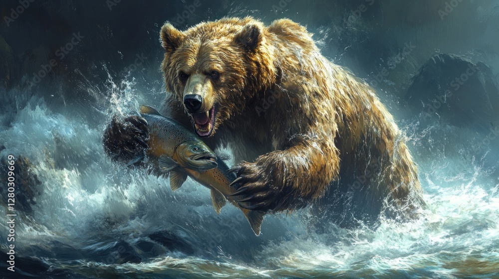 Grizzly bear catching salmon in river, splashing water, dark rocks Grizzly bear catching salmon in river, splashing water, dark rocks