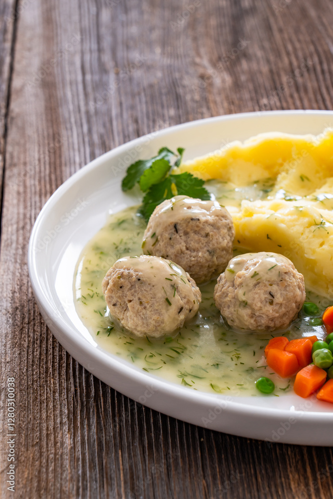 Boiled meatballs in dill sauce with mashed potatoes and boiled carrot and green peas on wooden table Boiled meatballs in dill sauce with mashed potatoes and boiled carrot and green peas on wooden table