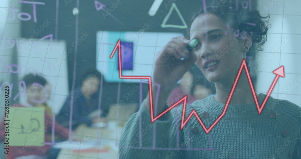 Image of arrow and diagrams over diverse colleagues discussing work in office Image of arrow and diagrams over diverse colleagues discussing work in office