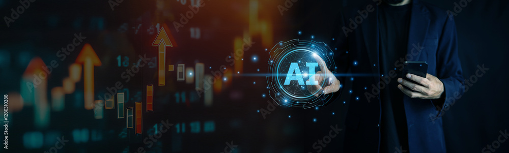 Businessman using AI technology to drive business growth through data analysis, automation, and strategic decision-making for higher profitability
