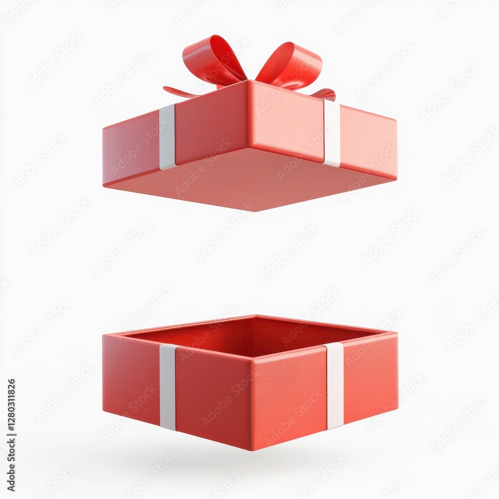Obraz premium Bright Red Gift Box with Bow Floating Above Open Box Against Minimalist Background for Festive Celebrations and Special Occasions