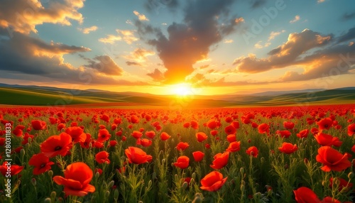 Vibrant red poppy field, Rolling hills landscape, Golden sunset