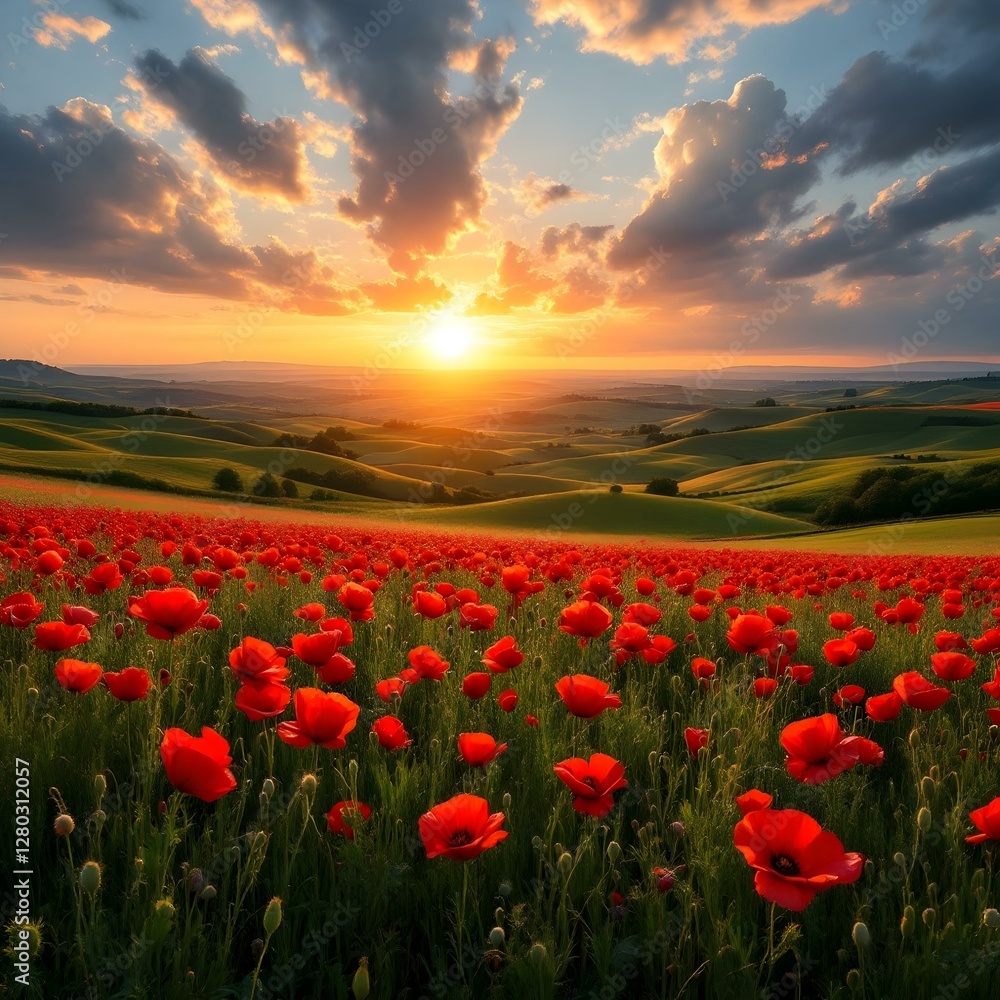 Vibrant red poppy field, Rolling hills landscape, Golden sunset Vibrant red poppy field, Rolling hills landscape, Golden sunset