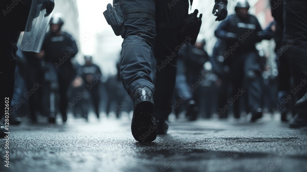 Fototapeta premium Police arrest during a protest violence incident. Featuring law enforcement and public order