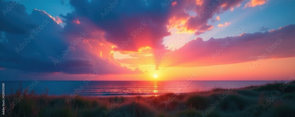Fototapeta premium Deep blue summer sky transitioning to vibrant sunset, twilight, warm, scenic