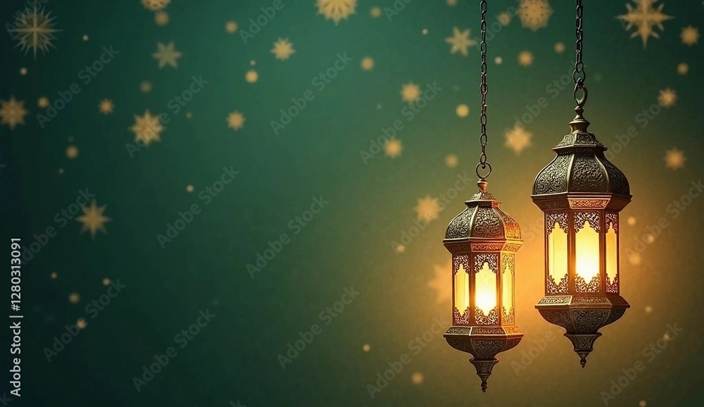 Green minimalist background with wooden lanterns and glittering Islamic star ornaments. Islamic concept for Ramadan Kareem celebration. Green minimalist background with wooden lanterns and glittering Islamic star ornaments. Islamic concept for Ramadan Kareem celebration.