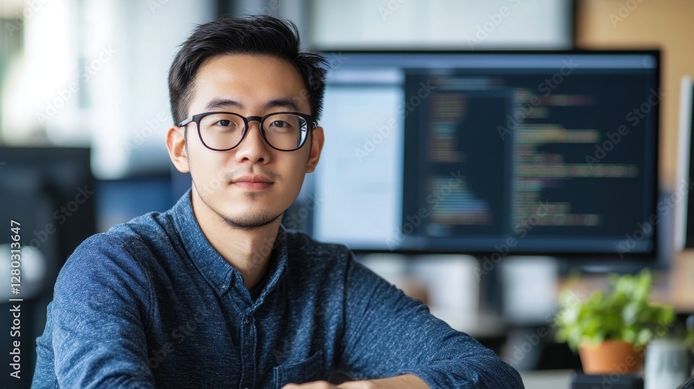 A young male software engineer sits confidently in a modern office, surrounded by coding screens. His focused expression reflects a commitment to innovation and technology.