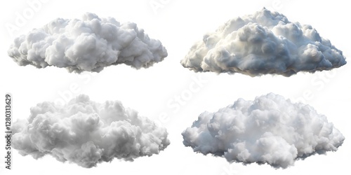 Four different clouds in the sky, each with a different shade of white. The clouds are fluffy and white, and they are scattered throughout the sky. The clouds create a sense of calm and serenity