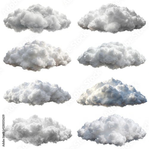 The image is a collection of nine different clouds, all of which are white in color. The clouds vary in size and shape, creating a sense of depth and dimension in the scene