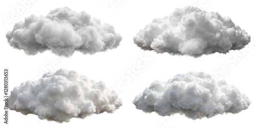 Four different clouds in the sky, each with a different shape and size. The clouds are white and fluffy, creating a peaceful and serene atmosphere
