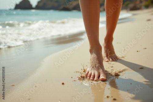 Bare feet walking on a sandy beach near the ocean waves photo