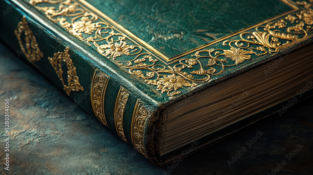 Fototapeta premium An antique book with a deep green leather cover, adorned with delicate golden filigree patterns, resting on a monochrome backdrop