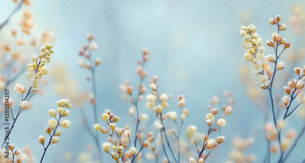 Springtime nature background with beautiful delicate cherry blossom buds at blue bokeh background, banner