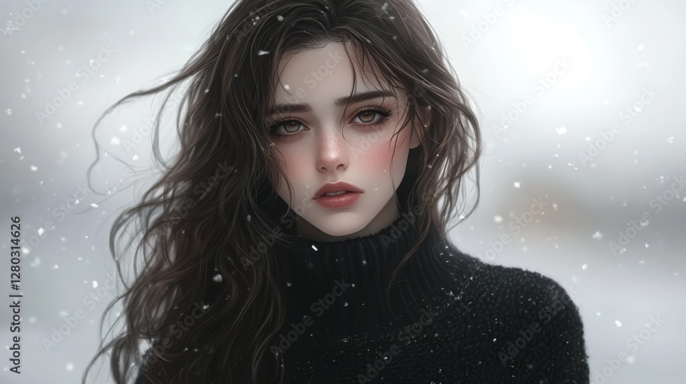 Beautiful young woman model with long black hair, snowy background.
Beautiful young woman model with long black hair, snowy background.