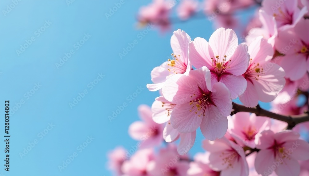Delicate pink cherry blossoms in full bloom against a clear blue spring sky , flowering, soft Delicate pink cherry blossoms in full bloom against a clear blue spring sky , flowering, soft
