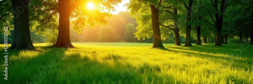 Golden light bathes lush green meadow, tall trees stand, sunny summer day, green, grass, rural