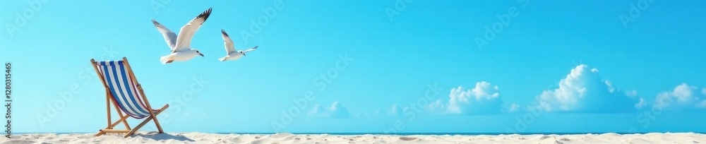 Obraz premium Seagulls soar above vibrant blue sky, striped beach chair below , vacation, nature, day