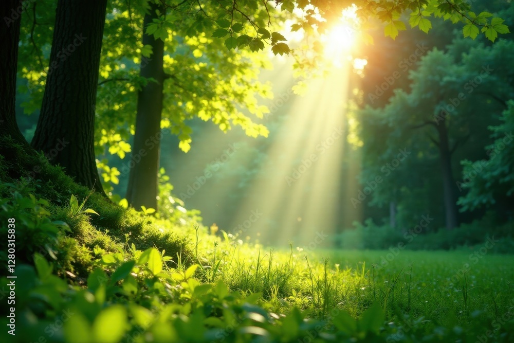 Obraz premium Sunlight filters through lush foliage, creating radiant beams , peaceful, light, texture