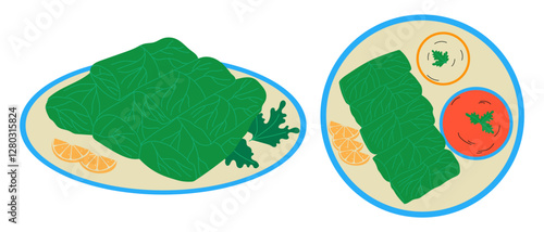Dolma leaves wrapped rice. Traditional Turkish food in plate with sauce. Hand drawn vector illustration.