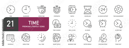 Set of line icons related to time, clock, date, timer. Outline icons collection. Editable stroke. Vector illustration